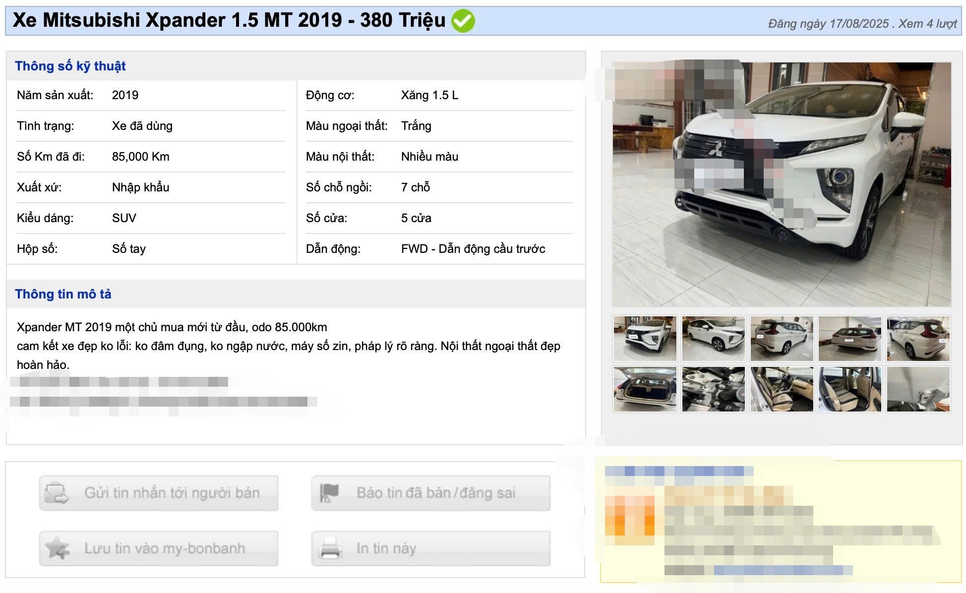 Mitsubishi Xpander MT 2019 hiện được rao bán với giá 380 triệu đồng.